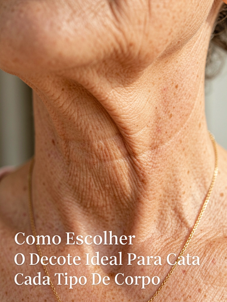 Pescoço feminino maduro com linhas e dobras sutis, corrente dourada fina contra a pele, luz natural suave e fundo desfocado.