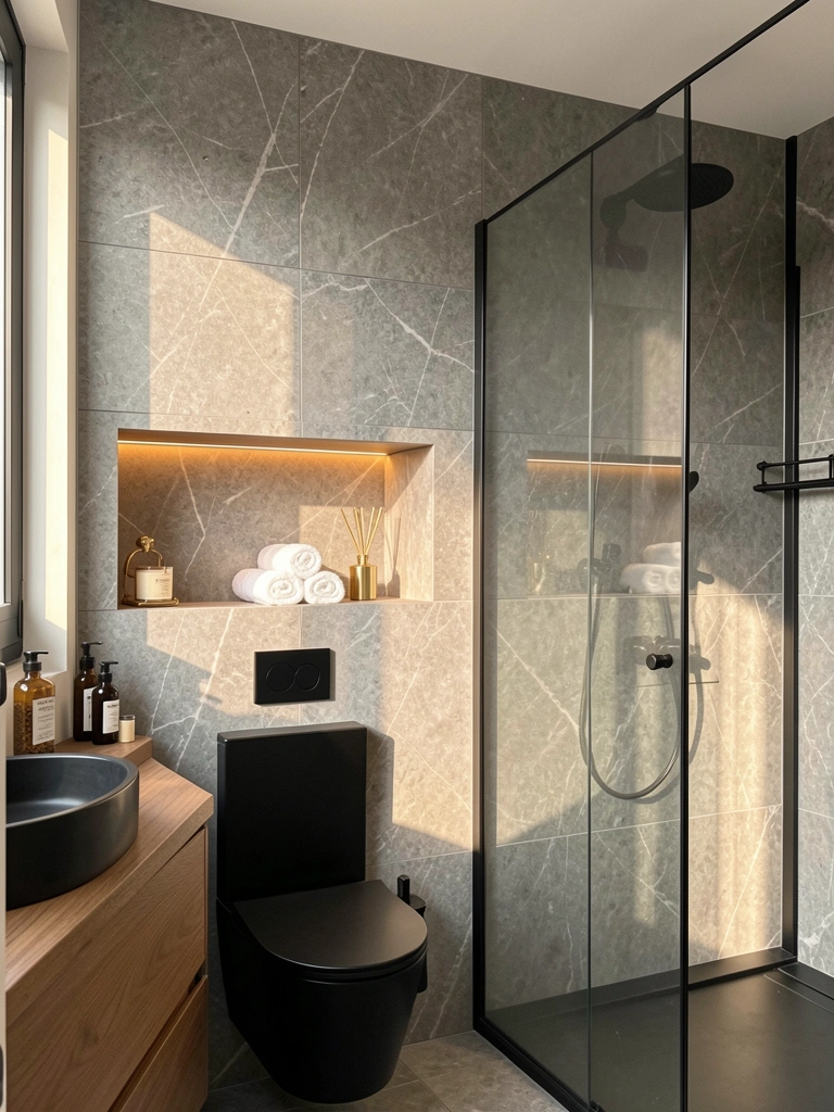 Nicho iluminado por fita de LED quente com toalhas brancas enroladas e objeto dourado, box preto e azulejos de mármore cinza.