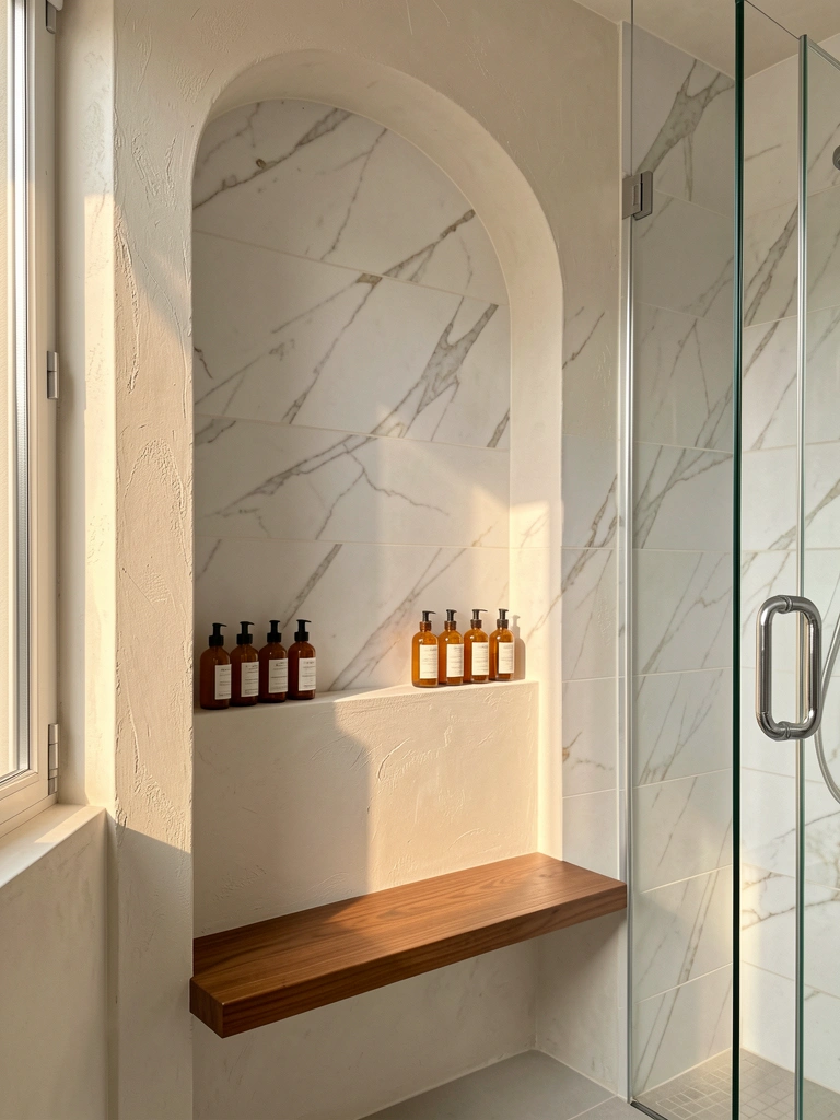 Nicho de gesso com azulejos de mármore branco, bancada de madeira marrom e frascos âmbar em prateleira, luz natural entrando por janela.