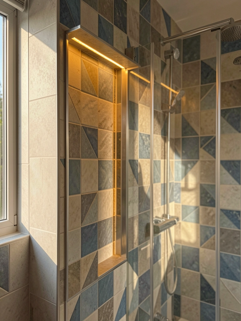 LED strip lights iluminam nicho de banheiro com azulejos geométricos cinza, azul e bege, box de vidro sem moldura ao fundo, luz natural da janela.
