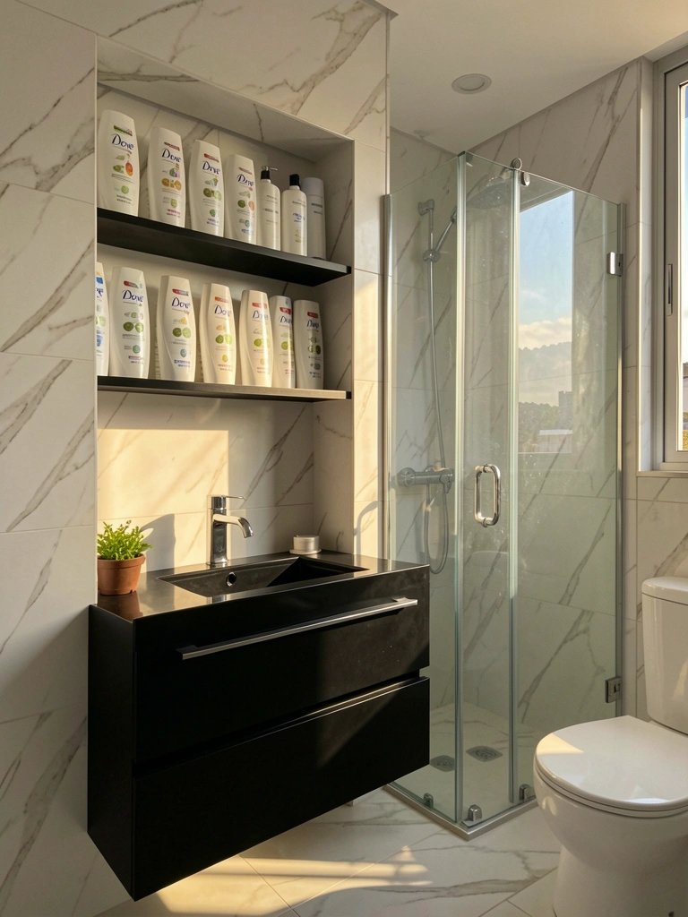 Prateleiras embutidas em nicho de mármore branco com frascos de shampoo Dove, bancada preta flutuante com cuba retangular e torneira cromada, luz difusa e planta ao lado.