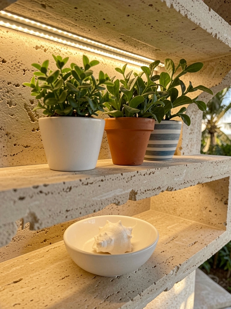 Prateleira de pedra bege texturizada com iluminação LED quente, dois vasos de terracota com plantas verdes e tigela branca com concha.