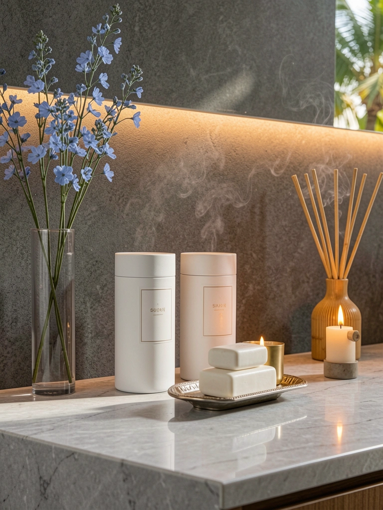 Dispensers brancos sobre mármore cinza-claro com vaso de flores azuis e castiçal dourado, luz natural e LED quente.