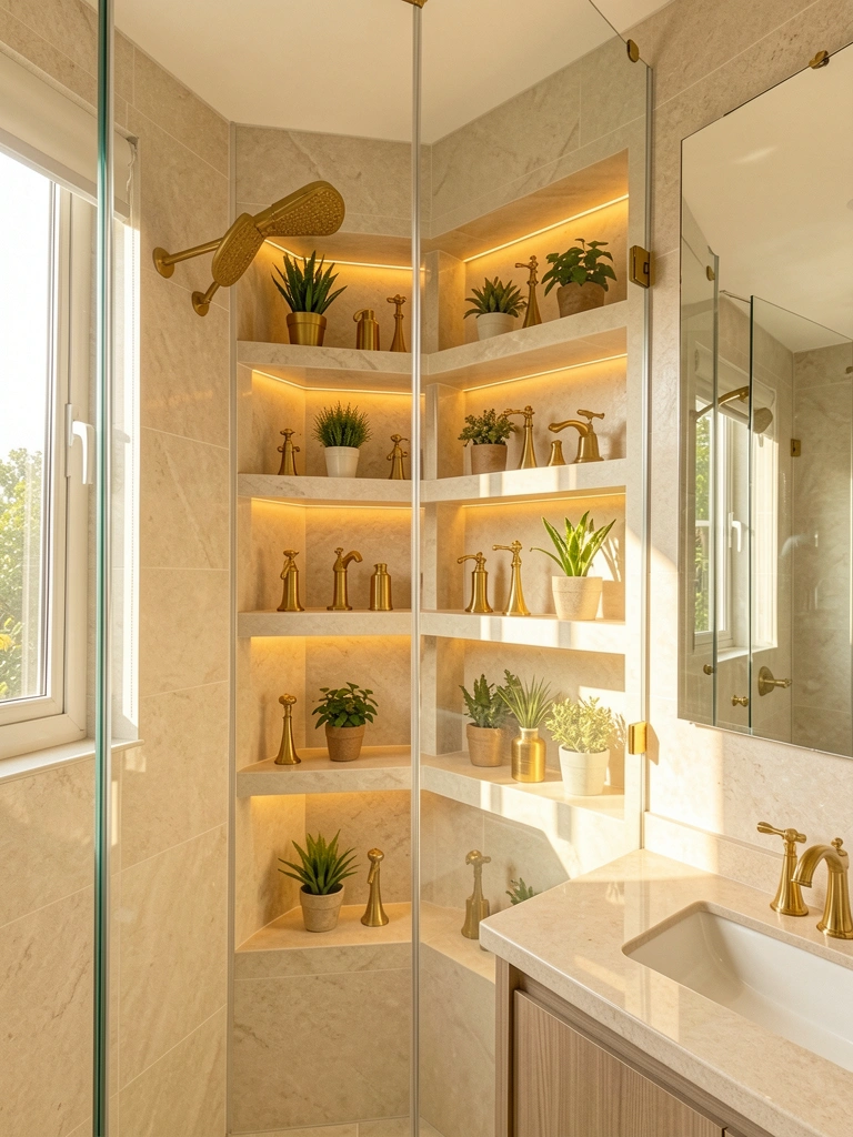 Prateleiras iluminadas por luz dourada dentro de box de vidro, com torneira e bancada douradas e azulejos bege texturizados.