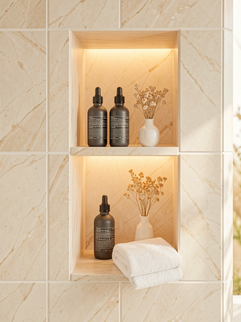 Três prateleiras em nicho com azulejos marmorizados, frascos Aesop, vaso com flores secas e toalha dobrada, iluminados por luz difusa.
