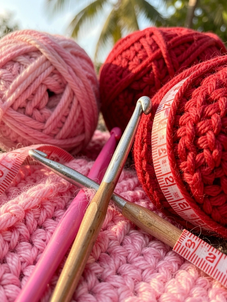 Close-up de agulhas de crochê coloridas, novelos de lã rosa e vermelho, fita métrica vermelha e branca, luz natural suave e fundo desfocado.