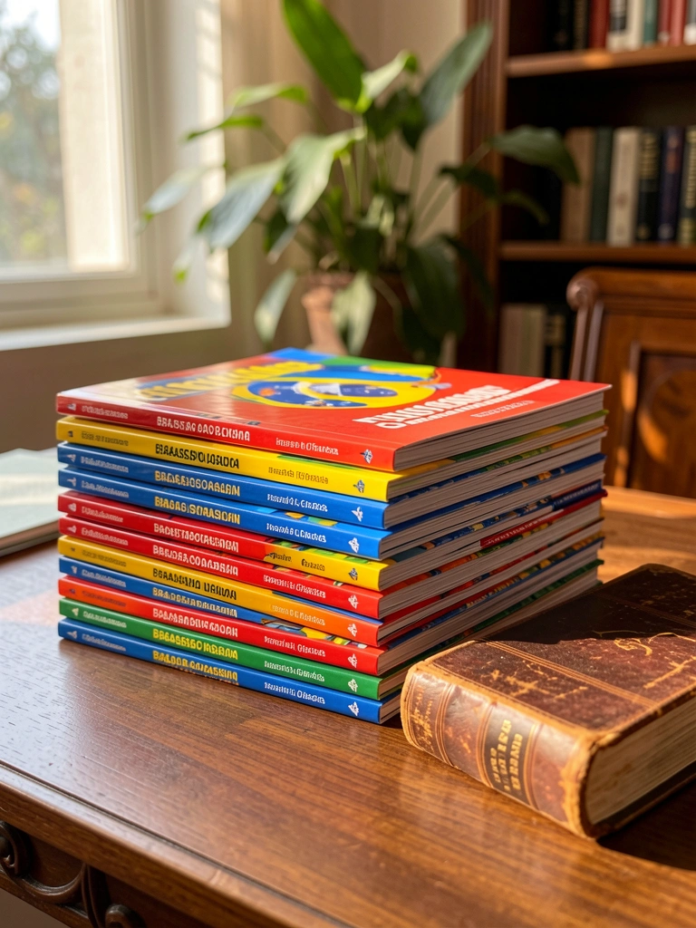 Pilha de livros didáticos brasileiros com capas vermelhas, azuis e amarelas sobre mesa de madeira, ao lado de dicionário de couro, luz natural suave, vaso de planta e estante ao fundo.