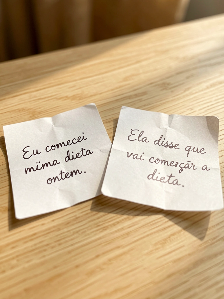 Dois bilhetes manuscritos lado a lado sobre mesa de madeira clara, um com letra cursiva e outro com caligrafia casual, papéis levemente amassados com luz natural difusa.
