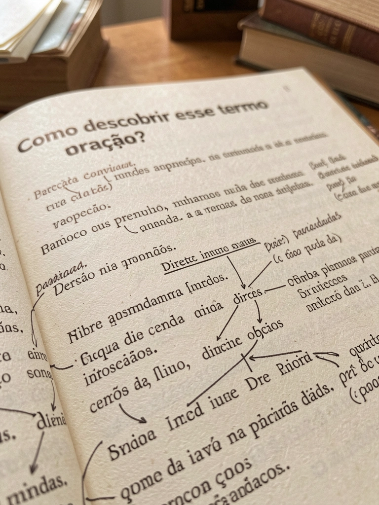 Página de texto em português com diagrama de análise gramatical, anotações à mão e profundidade de campo rasa, sob luz natural.