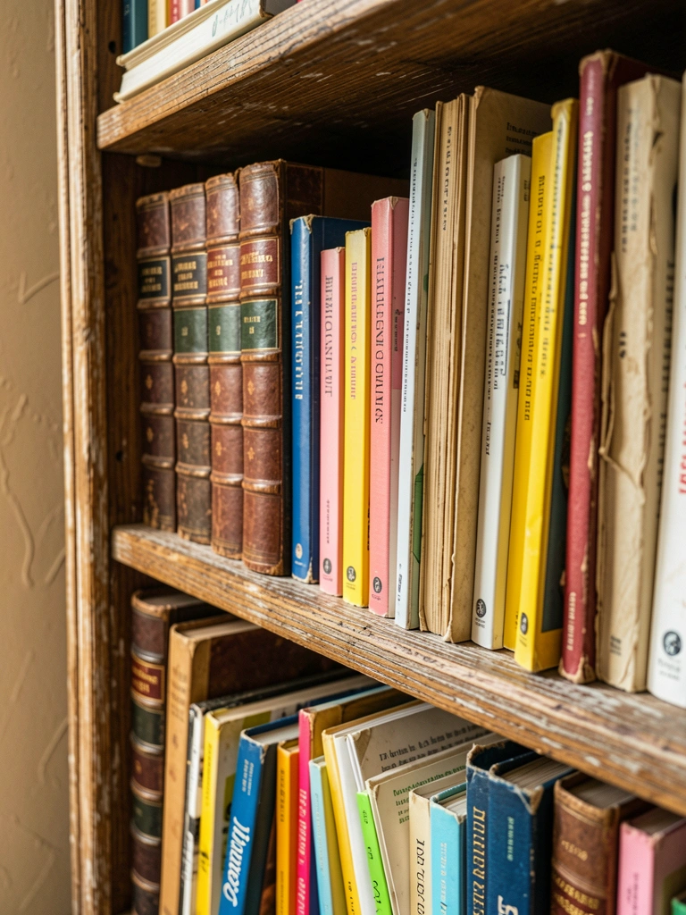 Livros abertos e fechados em estante de madeira envelhecida com grãos visíveis, luz natural destacando texturas.