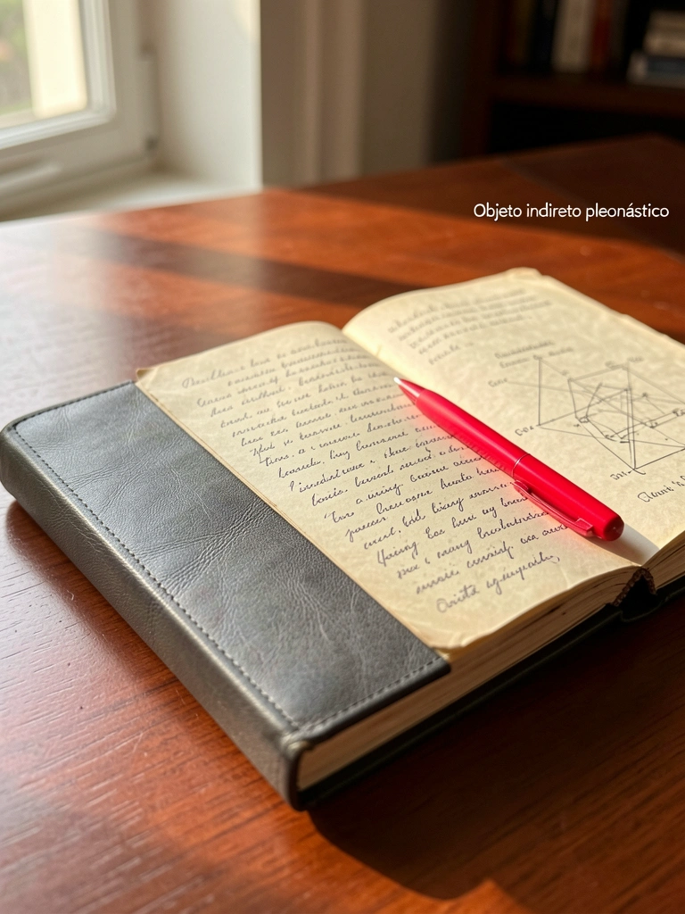 Livro de capa escura aberto sobre mesa de madeira polida, com anotações à tinta preta e caneta vermelha sobre diagrama, luz natural entrando por janela.