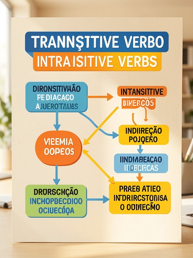 Infográfico colorido com verbos transitivos e intransitivos, setas azuis e laranjas conectando objetos diretos e indiretos, fundo bege suave com luz natural.