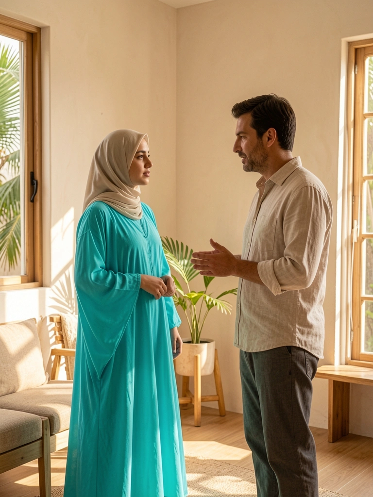 Jovem de vestido turquesa ouve homem em sala com luz natural, paredes bege e piso de madeira.