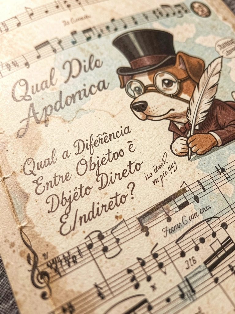 Papel envelhecido com desenho de cão de cartola e monóculo, texto manuscrito em português, luz natural suave.