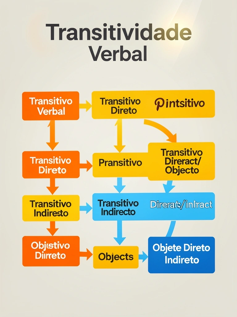 Infográfico com diagrama de transitividade verbal: setas laranjas e azuis ligam caixas rotuladas 
