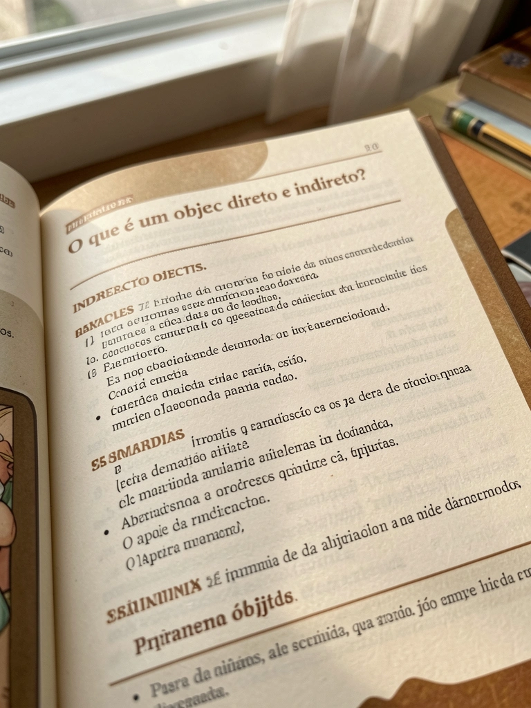 Livro de gramática portuguesa aberto com explicação sobre objeto direto e indireto, luz natural e fundo desfocado.