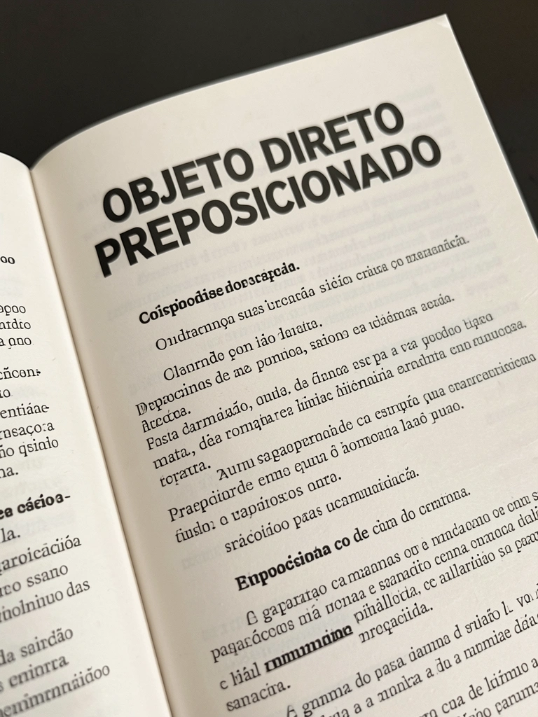 Livro branco de capa dura aberto sobre gramática, com texto em português, em fundo escuro neutro, luz natural difusa.