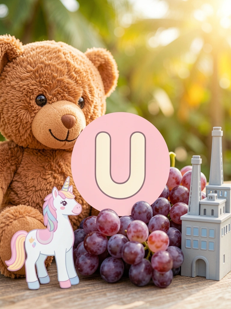 Urso de pelúcia marrom, uvas roxas brilhantes, letra 