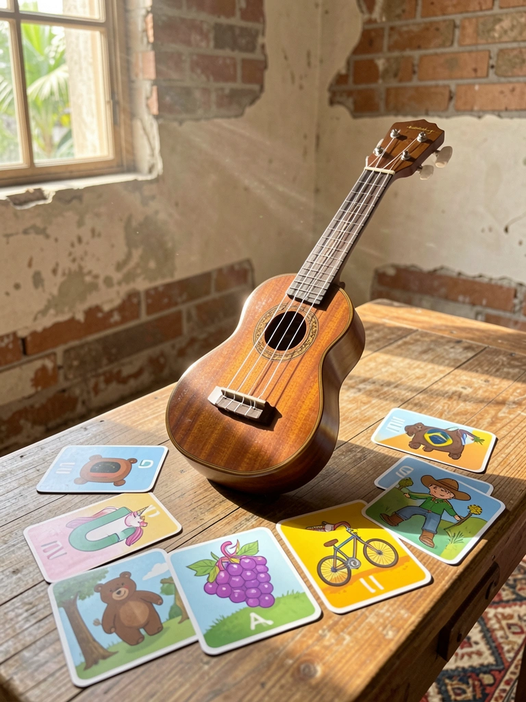 Ukelele de madeira sobre mesa de madeira com flashcards coloridos do alfabeto, letra U, parede de tijolos aparentes e luz natural.