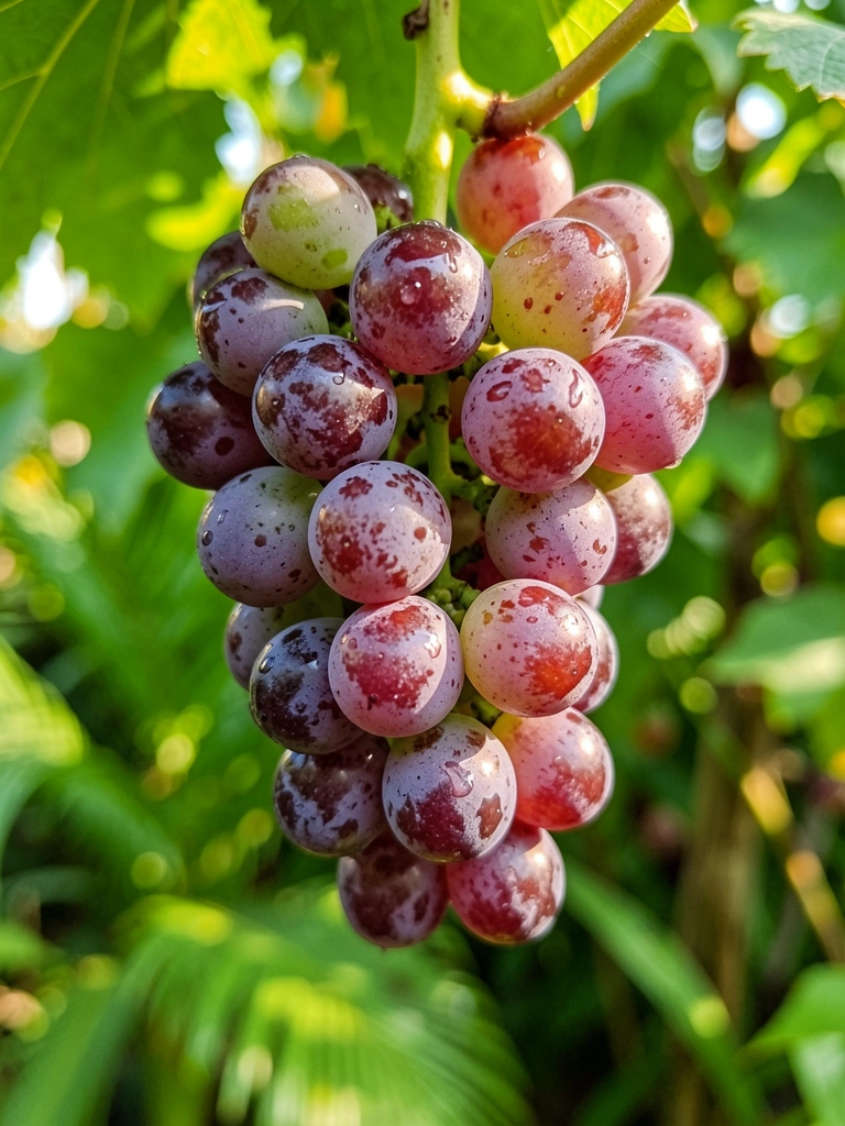 Cacho de uvas roxas com orvalho, luz solar difusa e folhagem verde desfocada ao fundo.