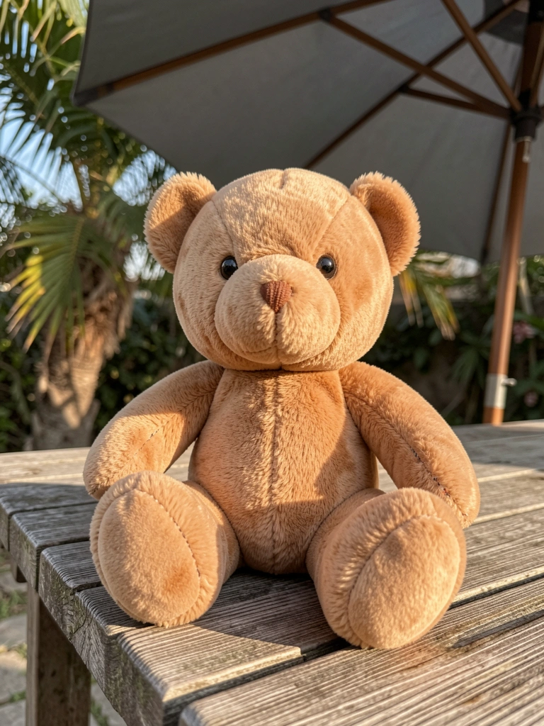 Urso de pelúcia marrom claro com costuras à mostra em mesa de madeira desgastada ao ar livre, guarda-chuva cinza escuro ao fundo e folhas de palmeira desfocadas.