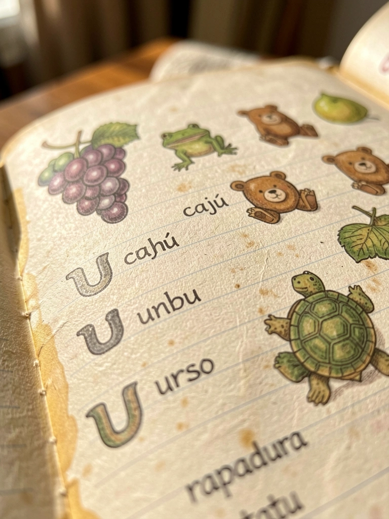 Close-up de caderno antigo com ilustrações de frutas e palavras com 
