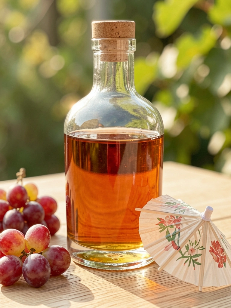 Garrafa de vidro com whisky âmbar sobre mesa clara de madeira, uvas e guarda-chuva de papel ao lado, luz natural com fundo verde.