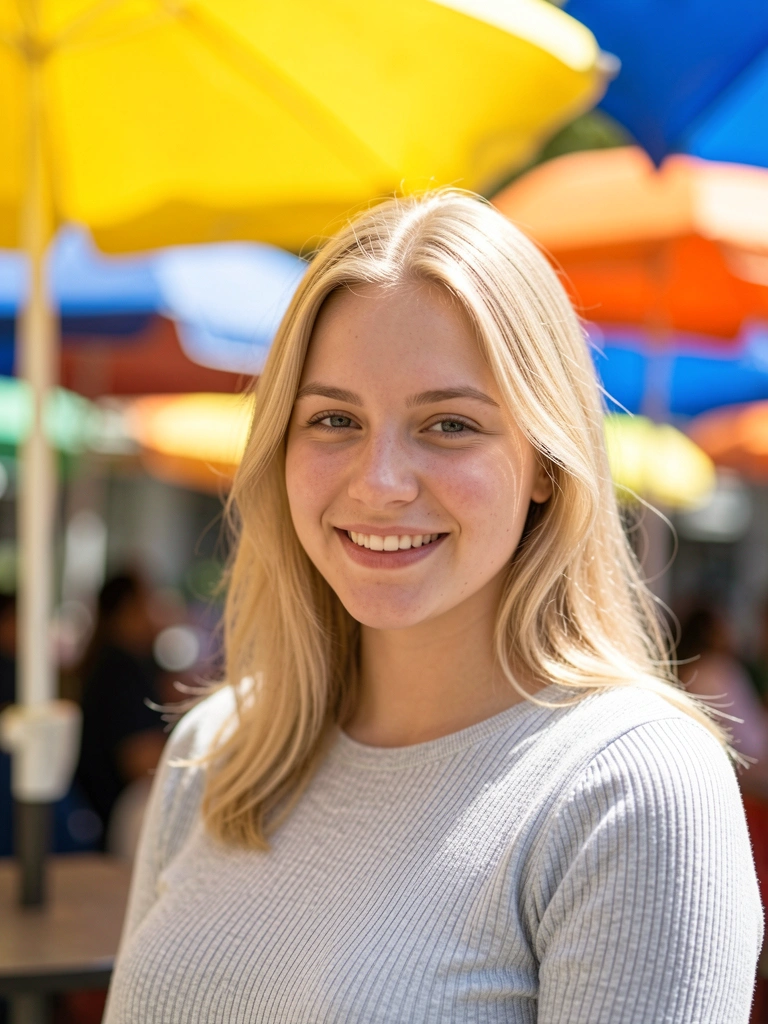 Mulher jovem de cabelo loiro, blusa de malha canelada cinza claro, sorrindo para a câmera sob luz natural, com guarda-chuvas coloridos desfocados ao fundo.