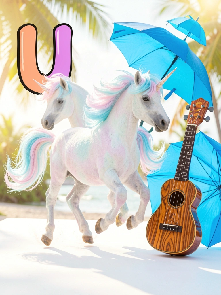 Unicórnio com crina pastel azul e rosa galopa ao lado de um ukulele de madeira e guarda-chuva azul, luz natural.