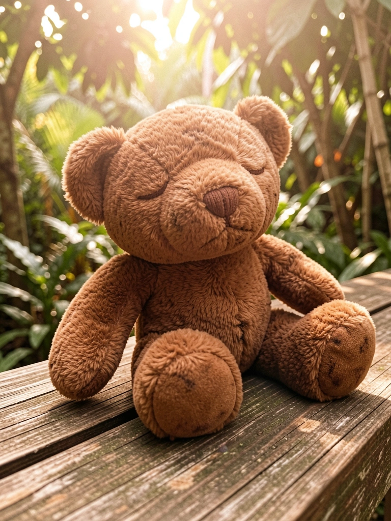 Urso de pelúcia marrom desgastado sobre tábua de madeira, com luz difusa filtrando pela folhagem, fundo verde desfocado.