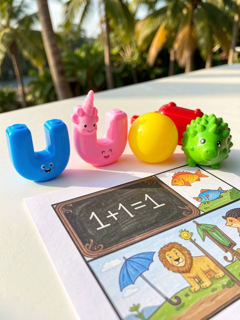 Brinquedos coloridos em forma de U sobre superfície branca, incluindo barco, unicórnio e ouriço, com quadro-negro e equação 