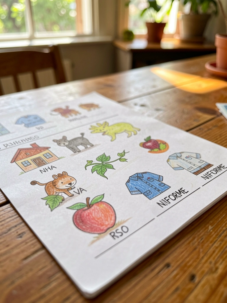 Folha de atividades com desenhos de casa, videira e uniforme sobre mesa de madeira, luz natural e fundo levemente desfocado.