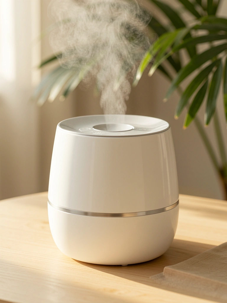 Umidificador branco com detalhes prateados sobre mesa de madeira clara, emitindo névoa suave, folhas tropicais desfocadas ao fundo com luz natural quente.