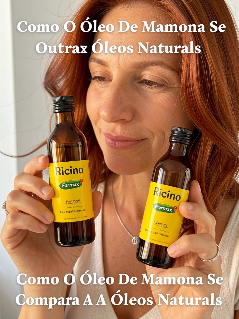 Mulher ruiva com colar de prata segurando frasco âmbar de óleo de rícino Farmax de rótulo amarelo, parede branca desfocada e luz natural.