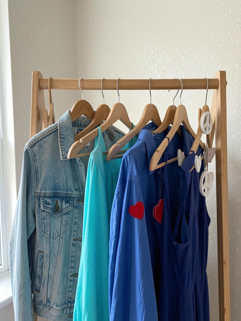 Camisas azuis em cabides, com símbolos de paz e coração estampados.