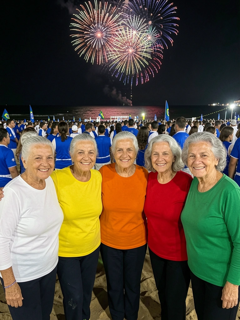 Multidão na praia vestindo azul e branco, com fogos de artifício ao fundo
