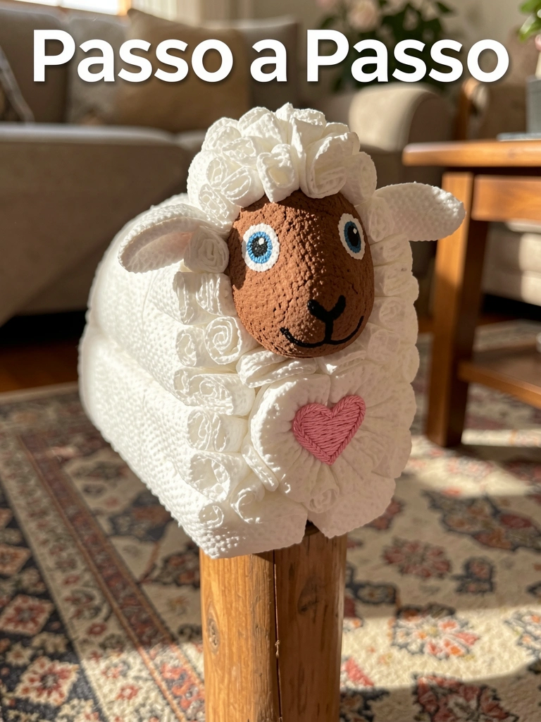 Ovelha de artesanato feita com rolos de papel toalha, com rosto marrom e olhos azuis, sobre base de madeira pintada, em sala com carpete estampado e mesa de madeira.