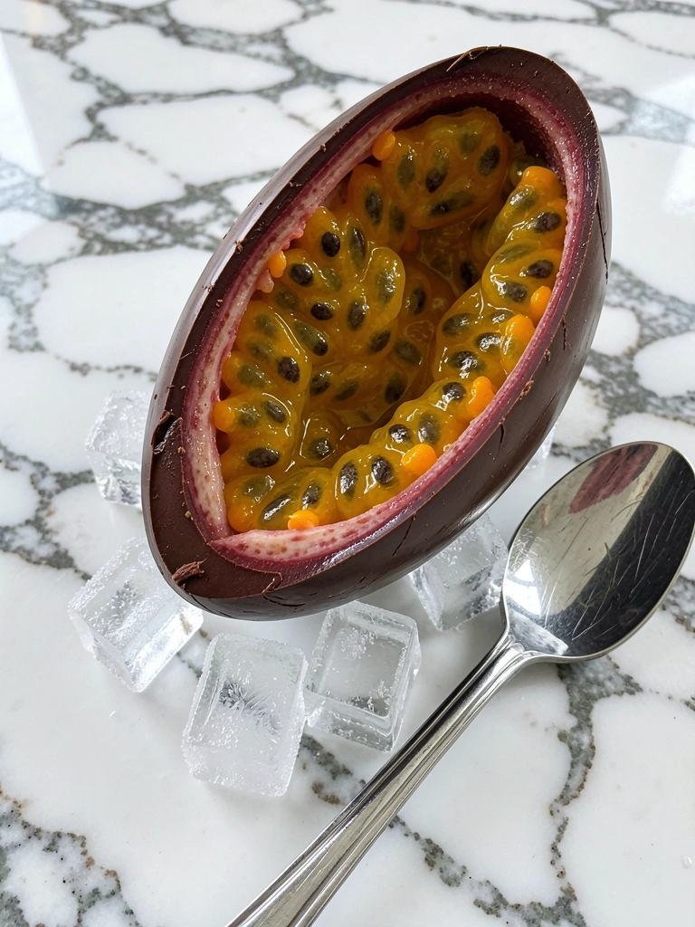 Ovo de Páscoa de maracujá com polpa fresca e chocolate sobre mesa decorada