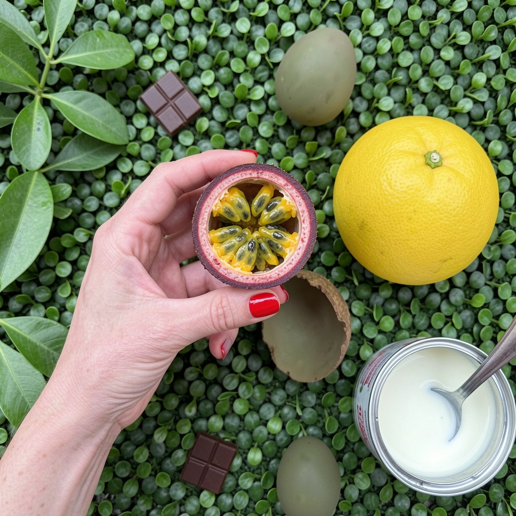 Ingredientes para ovo de maracujá: chocolate, leite condensado, maracujá e forma