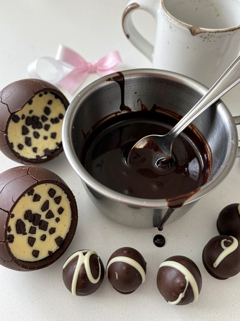 Chocolate derretendo em tigela sobre água quente, sendo mexido com espátula