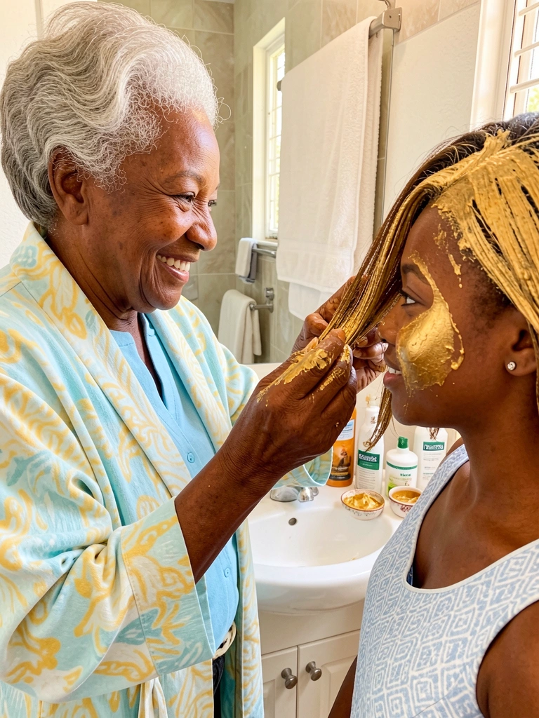 Mulher idosa sorridente aplica máscara capilar dourada no cabelo de mulher mais jovem, banheiro iluminado, espelho ao fundo reflete azulejos e produtos Panthenol.
