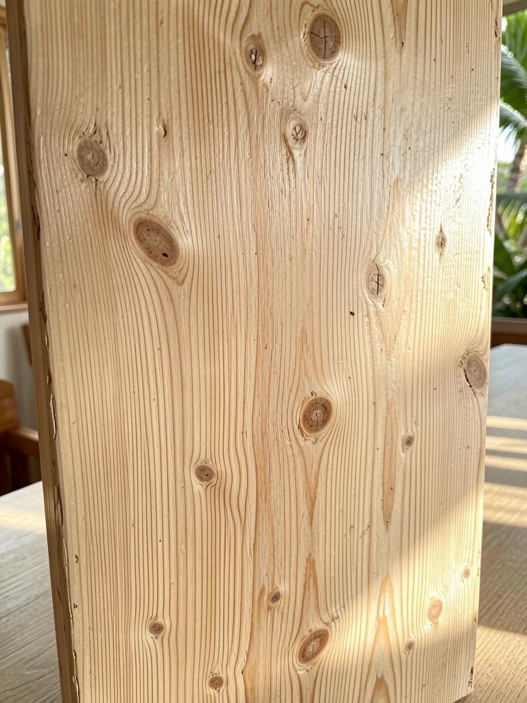 Painel de pinho texturizado com veios e nós, sobre mesa de madeira clara, luz solar difusa e fundo desfocado.