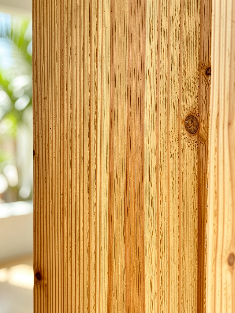 Close-up de painel de madeira Pinus com grão vertical, nós e tons de mel, iluminação natural difusa.