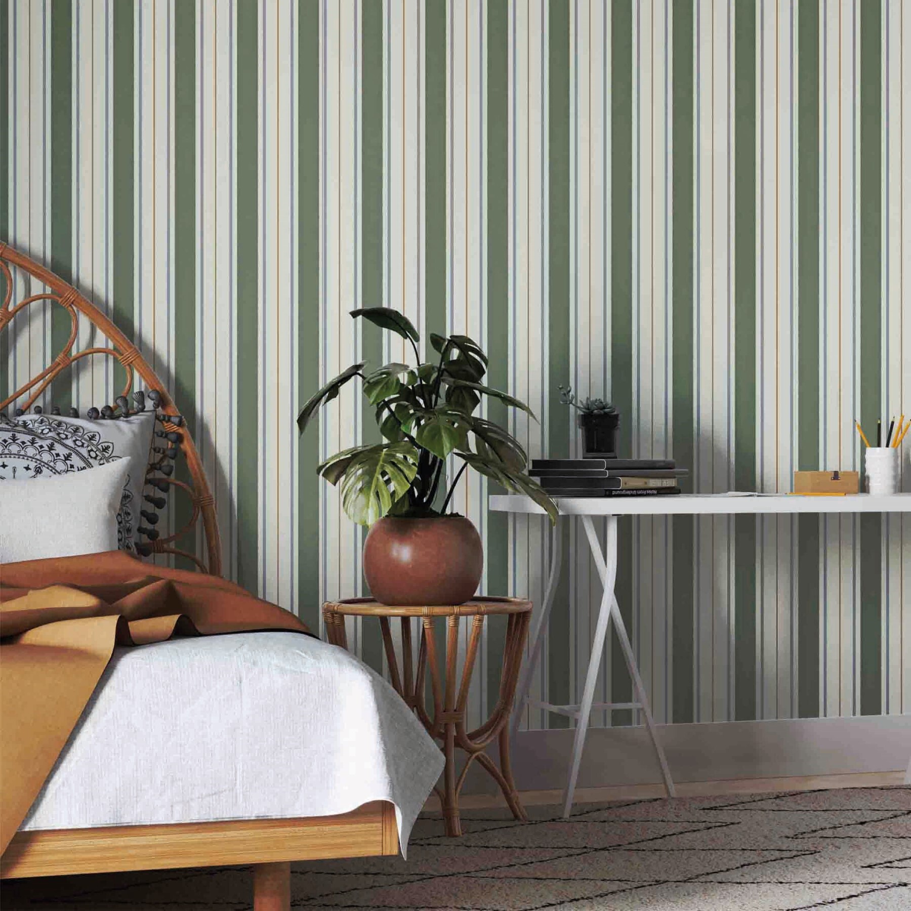 papel de parede listrado verde para sala