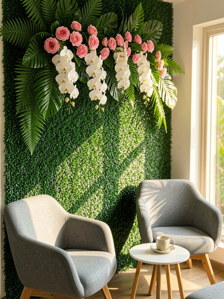 Parede de grama artificial verde-escura com flores tropicais, poltronas cinza e mesa redonda branca, luz natural suave.