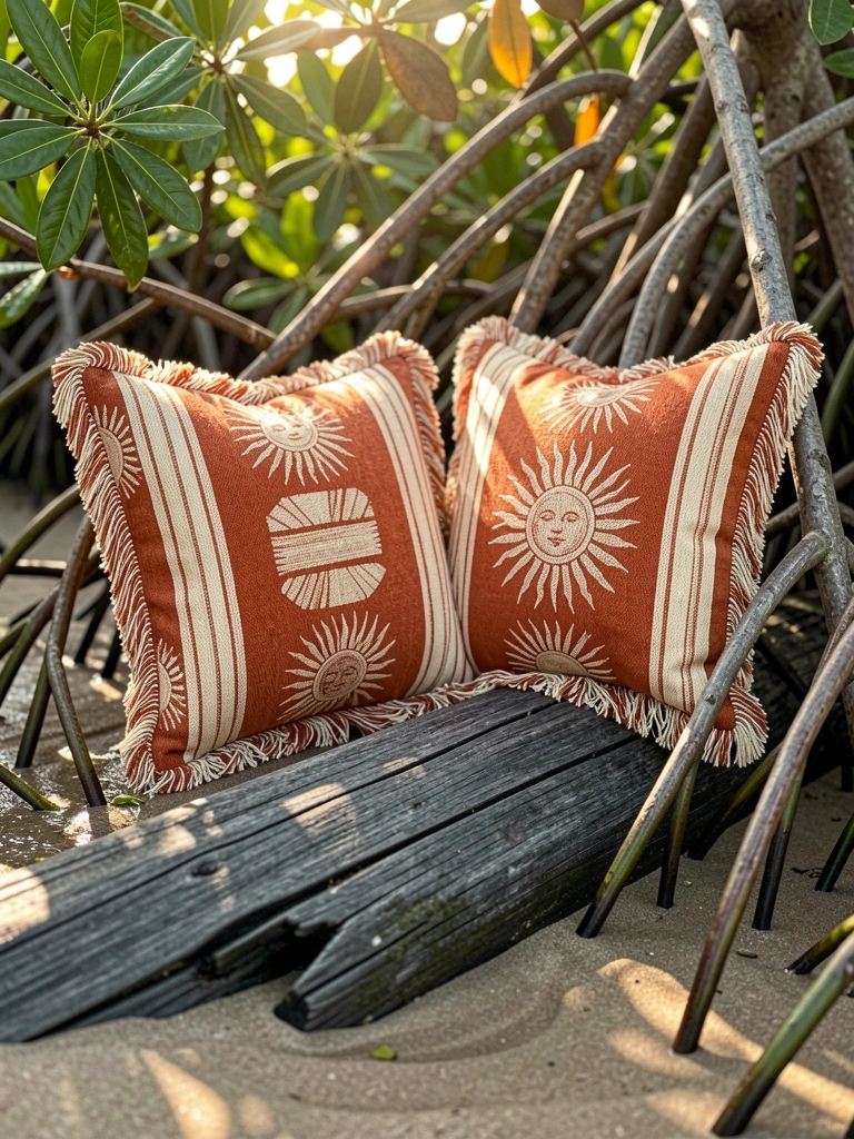 Almofadas listradas de terracota e creme com franjas e motivo solar sobre tronco escuro em areia molhada, cercadas por raízes de mangue sob luz tropical.