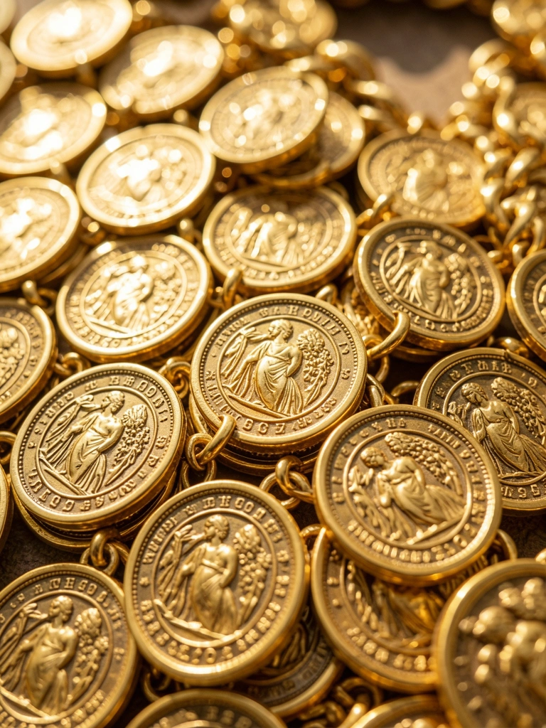 Colar dourado com pingentes de moedas antigas, detalhes intricados e luz solar difusa, fundo desfocado.