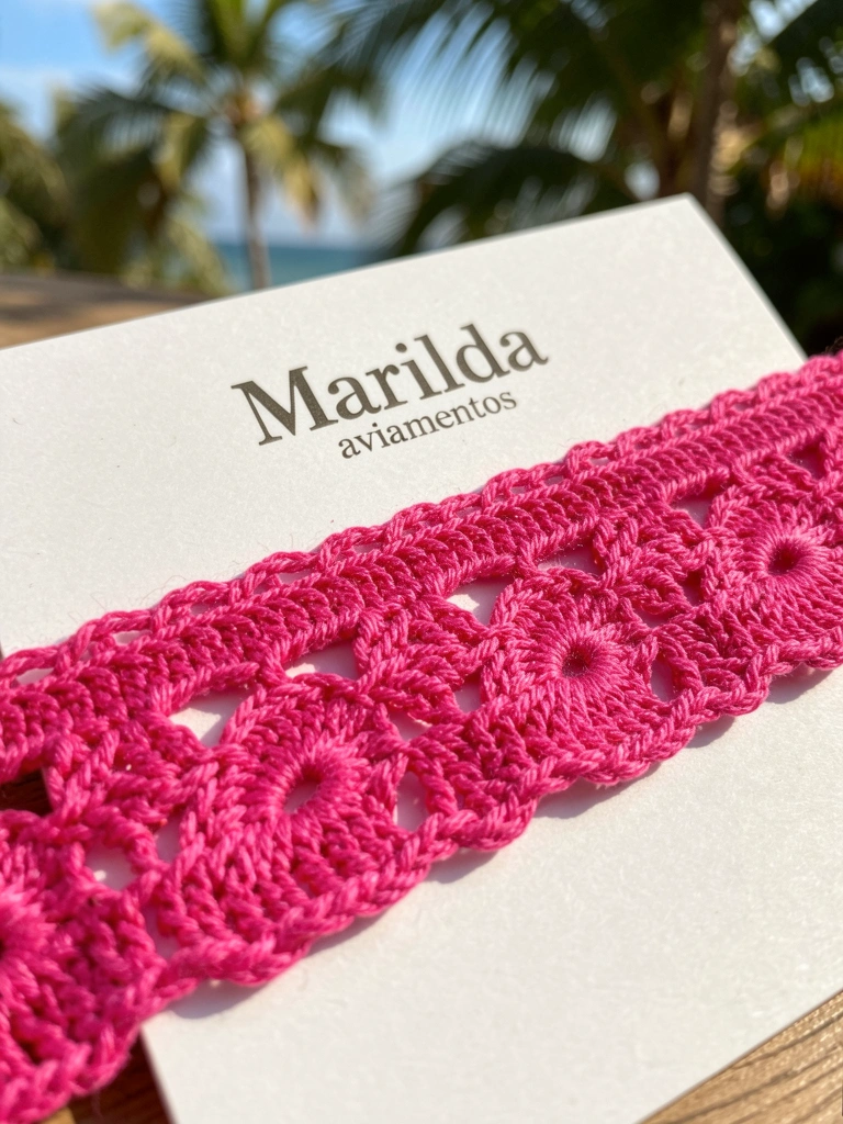 Detalhe de debrum de crochê rosa vibrante sobre cartão branco, textura intricada com pontos visíveis, luz natural tropical ao fundo.
