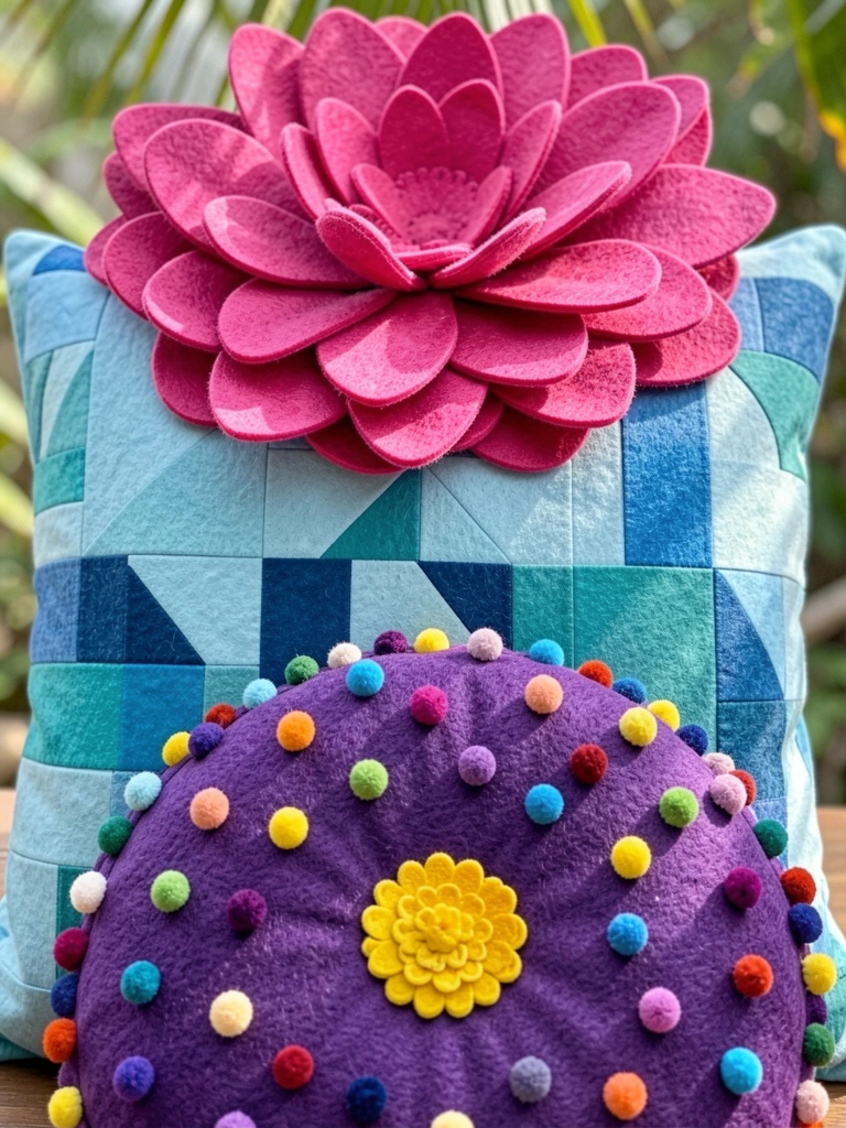 Três almofadas: feltro rosa em formato de flor, patchwork azul-claro e redonda roxa com pompons coloridos, luz natural.