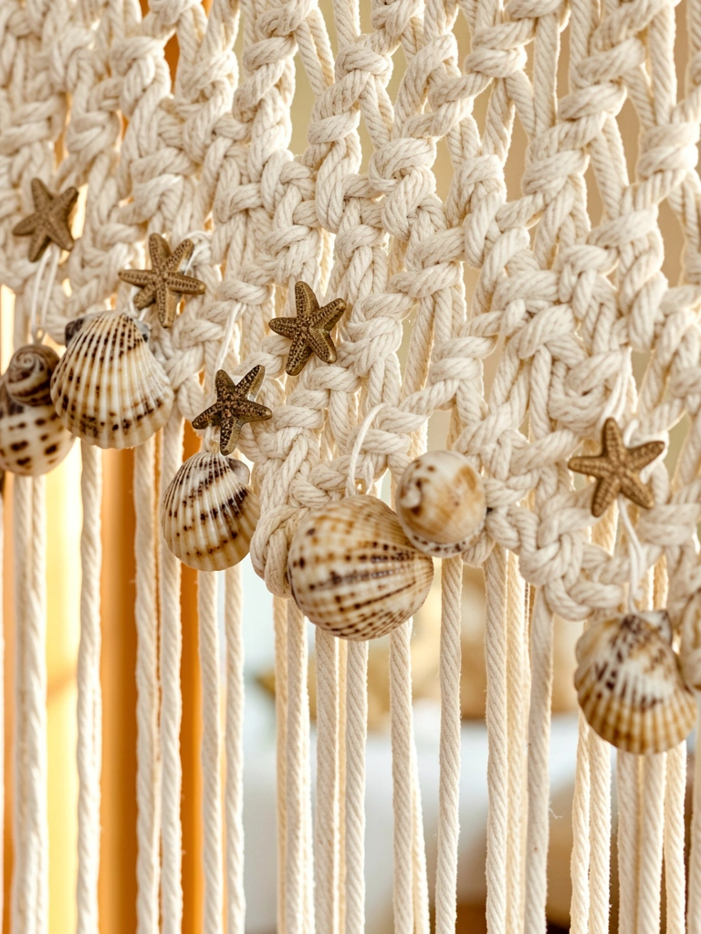 Macramê off-white com conchas e estrelas-do-mar pendurado, luz difusa e fundo desfocado.